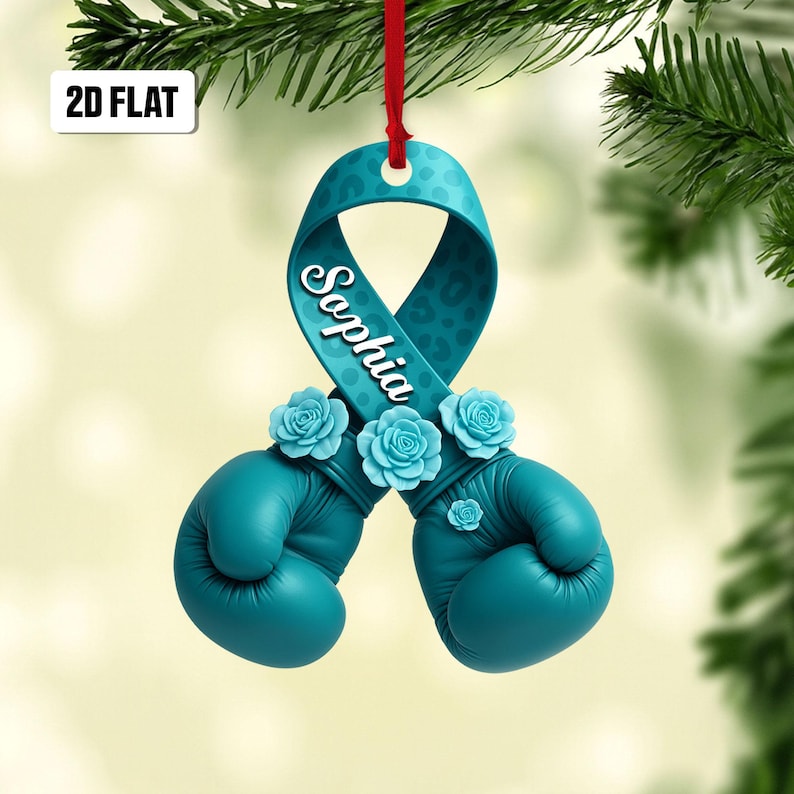 Ovarian Cancer Ornament, Ribbon with Boxing Gloves, Ovarian Cancer Survivor Gift, Cancer Awareness Gifts, Teal Cancer Ribbon, Cancer Warrior