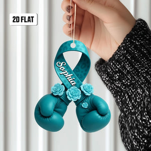 Ovarian Cancer Ornament, Ribbon with Boxing Gloves, Ovarian Cancer Survivor Gift, Cancer Awareness Gifts, Teal Cancer Ribbon, Cancer Warrior