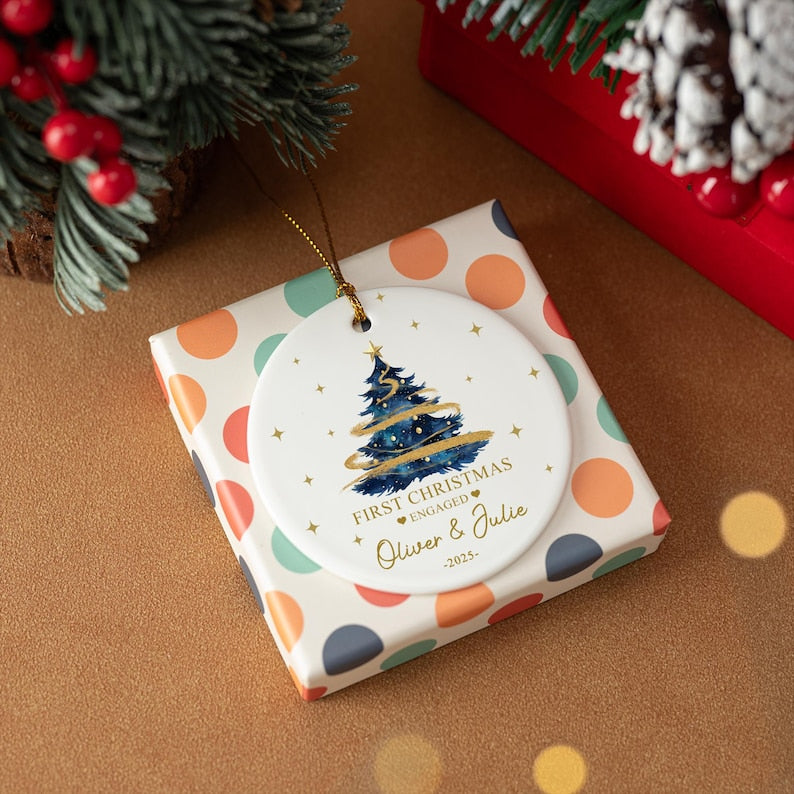Personalized Ceramic Engagement Ornament, Mr & Mrs Keepsake, Christmas Tree Bauble, Christmas Gift for Couple w/ Gift Box, Engaged Keepsake