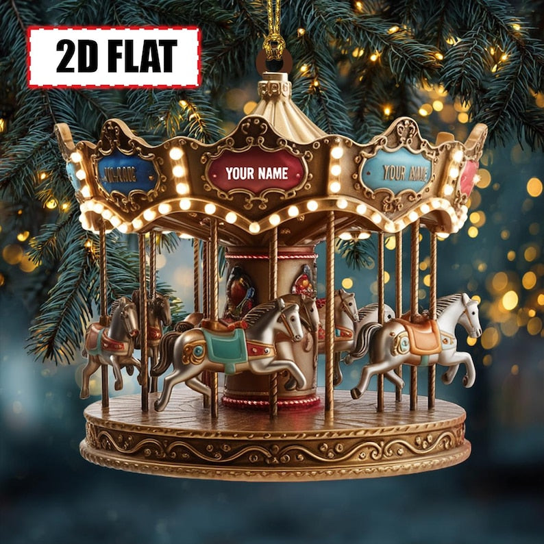 Personalized Carousel Christmas Ornament Tree Hanging Decor Flat 2D Acrylic Custom Merry-Go-Round Gift for Kids, Families, Amusement Park