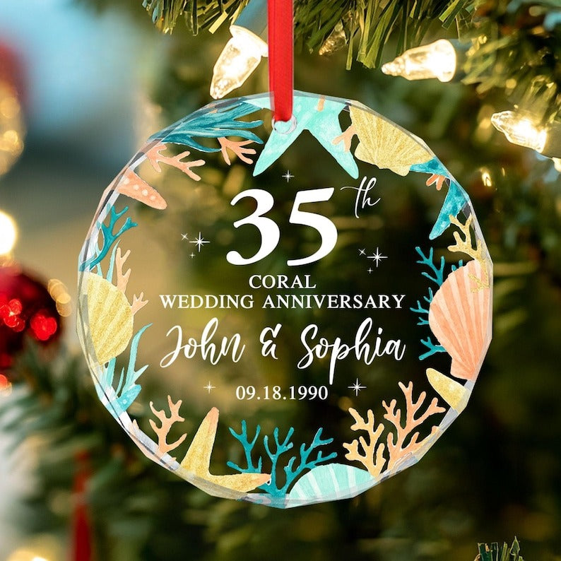 35th Wedding Anniversary Gift, Personalized Coral 35th Anniversary Glass Ornament, 35th Wedding Anniversary, Gift for Parents Husband Wife