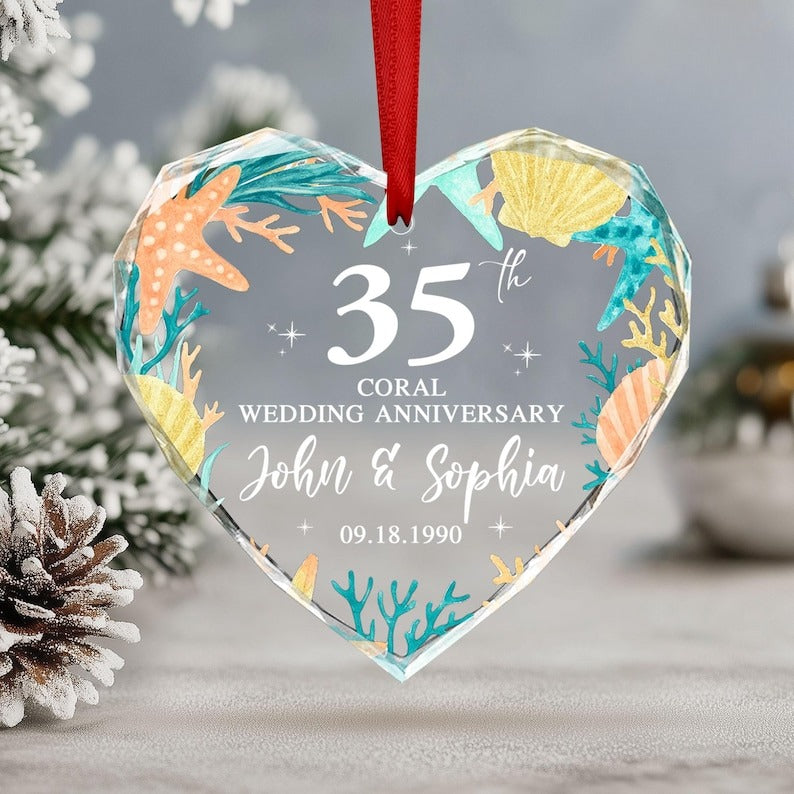 35th Wedding Anniversary Gift, Personalized Coral 35th Anniversary Glass Ornament, 35th Wedding Anniversary, Gift for Parents Husband Wife