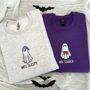 Personalized Embroidered Ghost Sweatshirt, Couple Halloween Hoodie, Mr. Gamer Mrs. Sleepy Shirt, Cute Family Fall Sweatshirt, Spooky Season il_794xN.7212743895_pr9k.jpg
