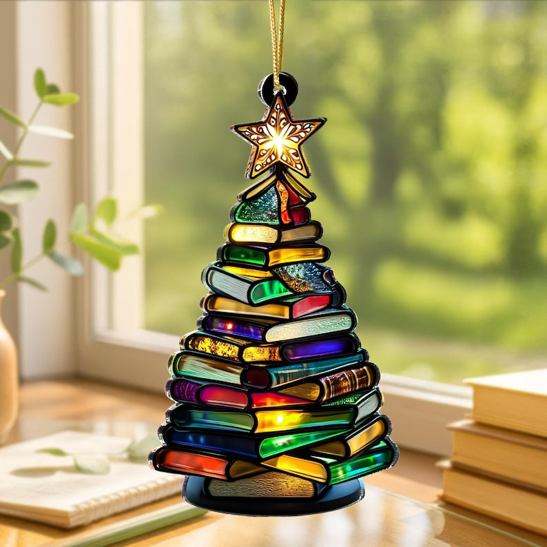 Acrylic Book Christmas Tree Suncatcher, Colorful Stained Glass-Style Ornament with Rainbow Books, Unique Holiday & Home Decor