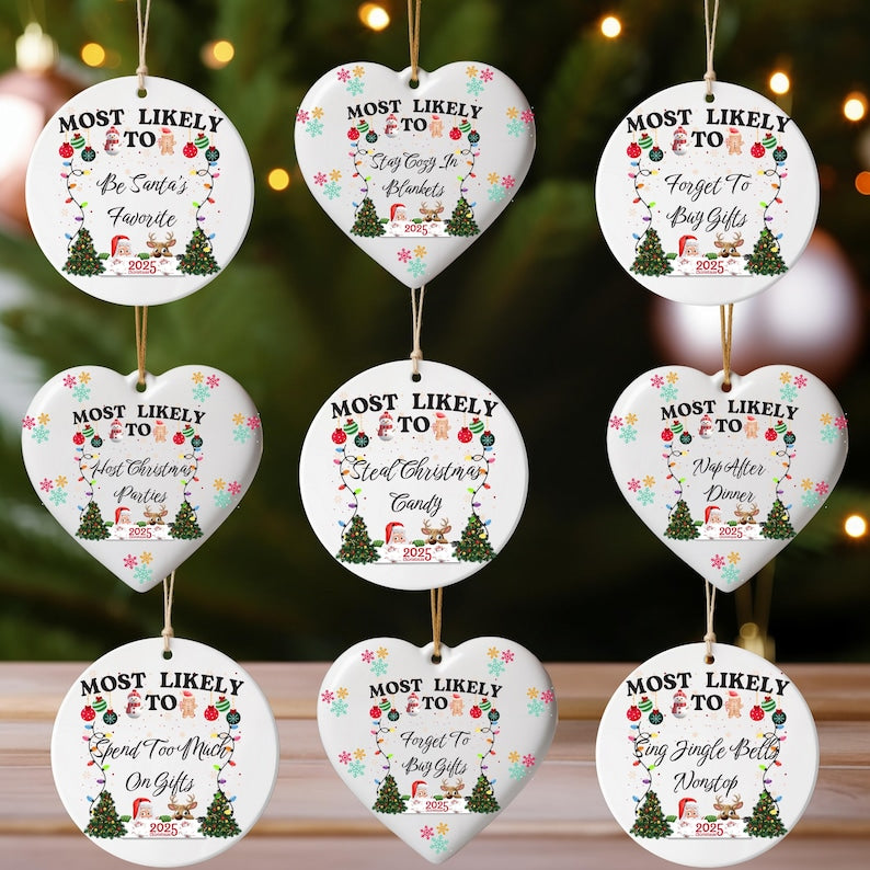 Funny 48 Quotes 'Most Likely To' Christmas Ornament: Personalized Ceramic Gift