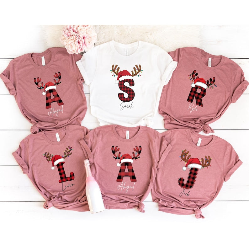 Santa Hat Reindeer Alphabet Family, Custom Matching Shirt, Christmas Family Shirt, Letter Christmas Name Shirt, Christmas Gift, Xmas Party