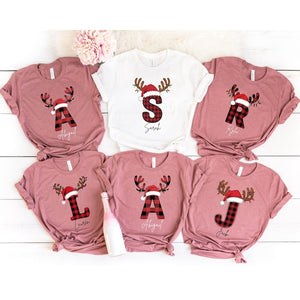 Santa Hat Reindeer Alphabet Family, Custom Matching Shirt, Christmas Family Shirt, Letter Christmas Name Shirt, Christmas Gift, Xmas Party