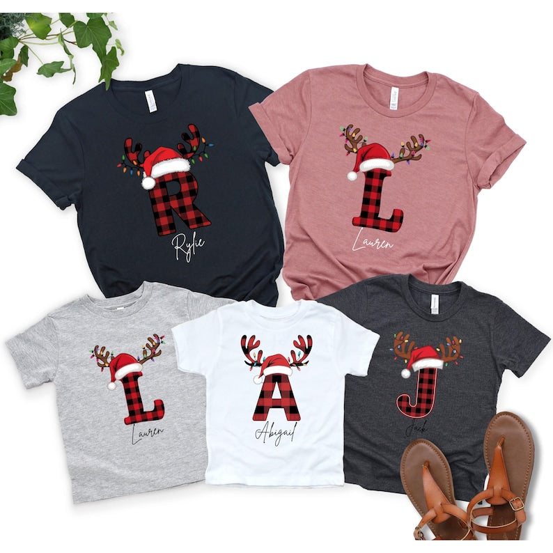 Santa Hat Reindeer Alphabet Family, Custom Matching Shirt, Christmas Family Shirt, Letter Christmas Name Shirt, Christmas Gift, Xmas Party