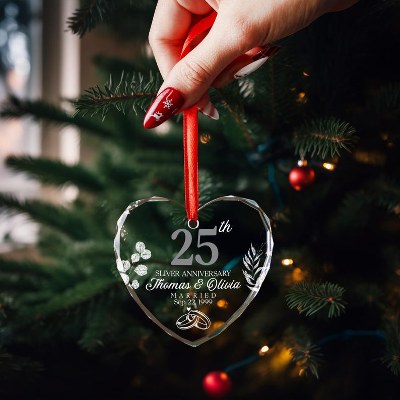 Custom Silver 25th Anniversary Gifts, 25th Wedding Anniversary Glass Ornament, 25 Years Anniversary Gift for Parents, Gifts for Husband Wife