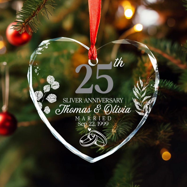 Custom Silver 25th Anniversary Gifts, 25th Wedding Anniversary Glass Ornament, 25 Years Anniversary Gift for Parents, Gifts for Husband Wife