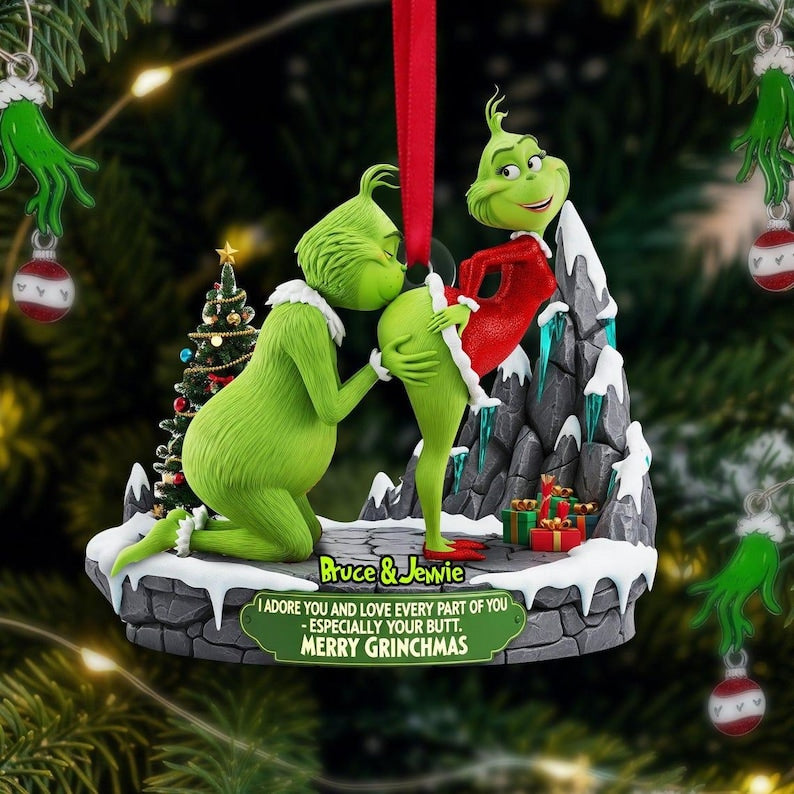 Personalized Green Monster Couple Christmas Ornament, I Adore You , Custom Holiday Tree Decoration, Flat 2D Ornament, Merry Grinchmas Gift