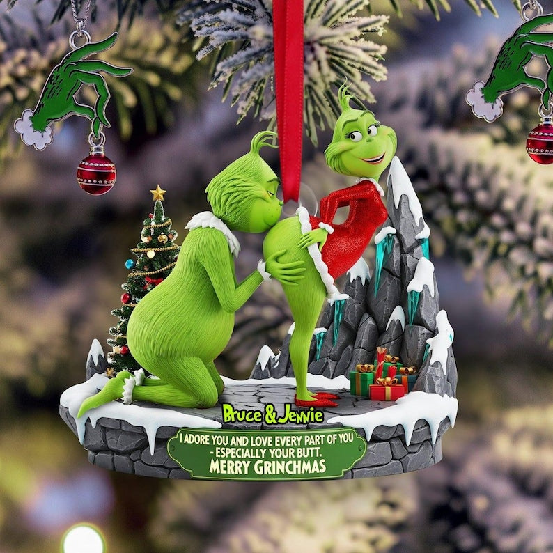 Personalized Green Monster Couple Christmas Ornament, I Adore You , Custom Holiday Tree Decoration, Flat 2D Ornament, Merry Grinchmas Gift
