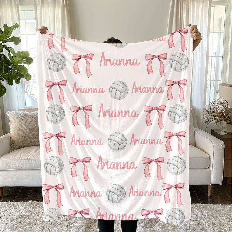 Volleyball and Bows Blanket, Personalized Volleyball Blanket - Custom Name Blanket, Multiple Sizes & Styles - Gift for Volleyball Players Coaches Mom, Senior Gift