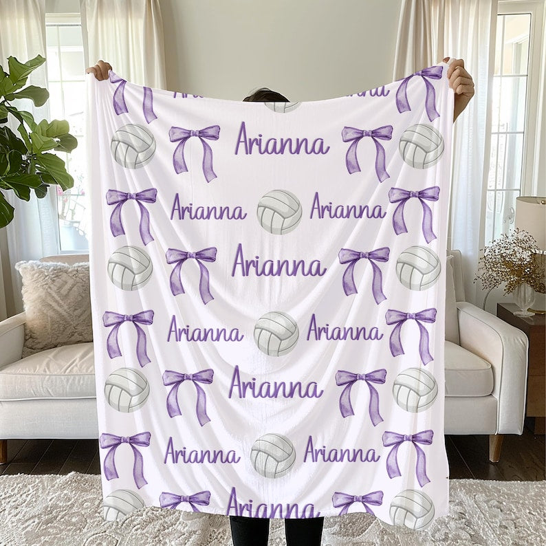 Volleyball and Bows Blanket, Personalized Volleyball Blanket - Custom Name Blanket, Multiple Sizes & Styles - Gift for Volleyball Players Coaches Mom, Senior Gift