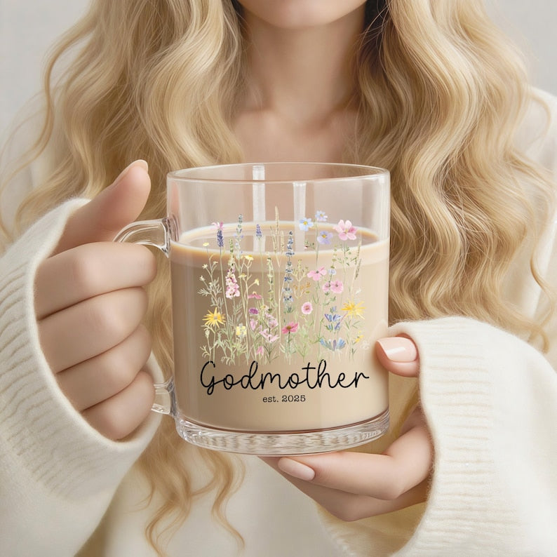 Be My God Mother Custom Floral Glass Mug, Personalized Godmother Gift, Proposal Baptism Present, Will You Be My Godparent, Baby Announcement