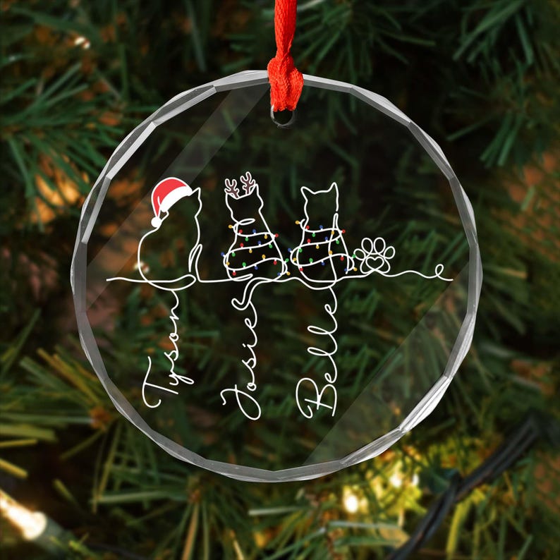 Christmas Costume Cute Cat , My Fur Babies One Line Art - Personalized Cat Line Art Glass Ornament,Cat Christmas Ornament, Cat Lover Present