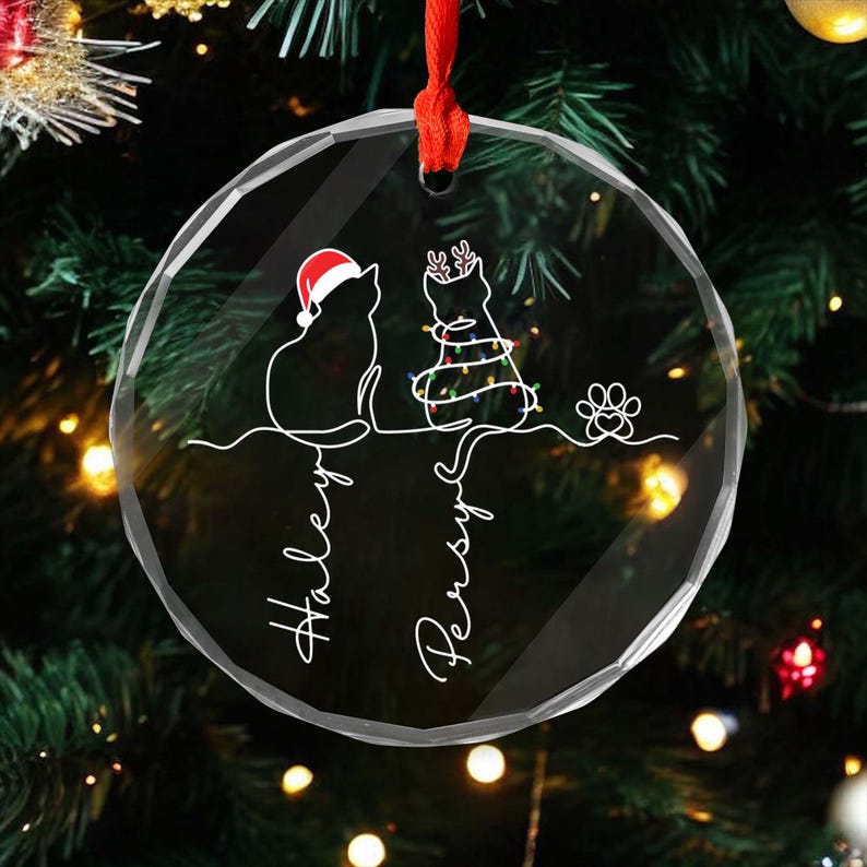 Christmas Costume Cute Cat , My Fur Babies One Line Art - Personalized Cat Line Art Glass Ornament,Cat Christmas Ornament, Cat Lover Present