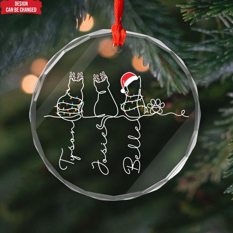 Christmas Costume Cute Cat , My Fur Babies One Line Art - Personalized Cat Line Art Glass Ornament,Cat Christmas Ornament, Cat Lover Present