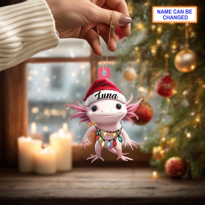 Custom Name Axolotl Salamander With Santa Hat Christmas Lights Ornament, Christmas Tree Hanging Decor, Christmas Ornament, Flat 2D Ornament