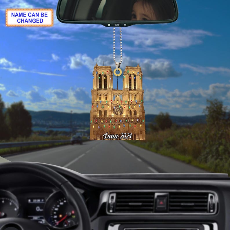 Custom Name Notre-Dame Cathedral With Christmas Lights Personalized Ornament, Christmas Tree Hanging Decor, Christmas Ornament, 2D Flat Ornament