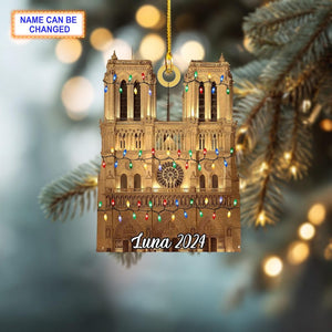 Custom Name Notre-Dame Cathedral With Christmas Lights Personalized Ornament, Christmas Tree Hanging Decor, Christmas Ornament, 2D Flat Ornament