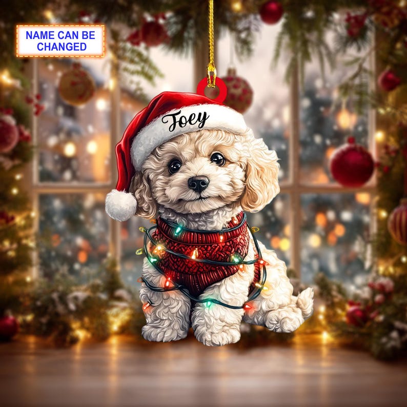 Custom Name Cute Sitting Poodle Dog with Santa Hat Christmas Lights Ornament, Christmas Tree Hanging Decor, Christmas Flat 2D Ornament