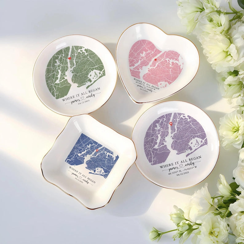 Custom Anniversary Gift, Personalized Location Map Jewelry Dish Where It All Began, Map With Coordinates, Newly Engaged Gift, Couples Gift