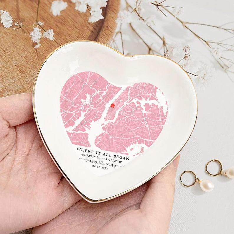 Custom Anniversary Gift, Personalized Location Map Jewelry Dish Where It All Began, Map With Coordinates, Newly Engaged Gift, Couples Gift