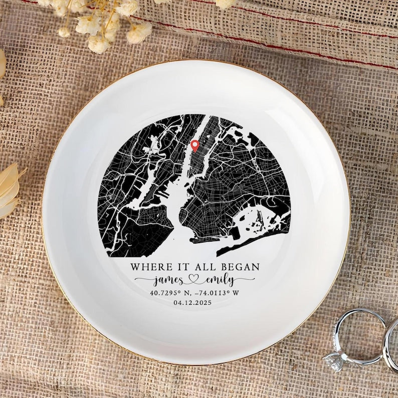 Custom Anniversary Gift, Personalized Location Map Jewelry Dish Where It All Began, Map With Coordinates, Newly Engaged Gift, Couples Gift