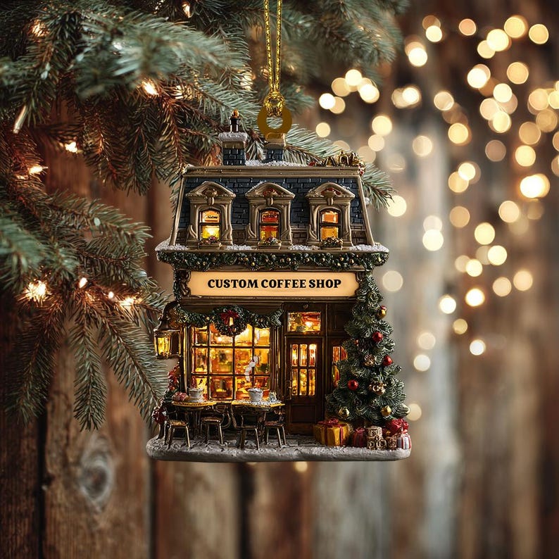 Personalized Coffee Shop Ornament 2025 Custom Cafe Name Christmas Tree Decoration Holiday Gift for Barista, Coffee Lovers