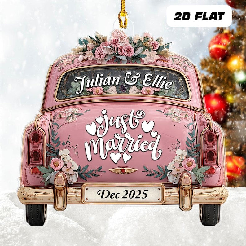 Personalized Name Just Married Car Ornament, Custom Christmas Married Ornament, Married Couple Xmas Ornament, Newlywed Gift For Couple