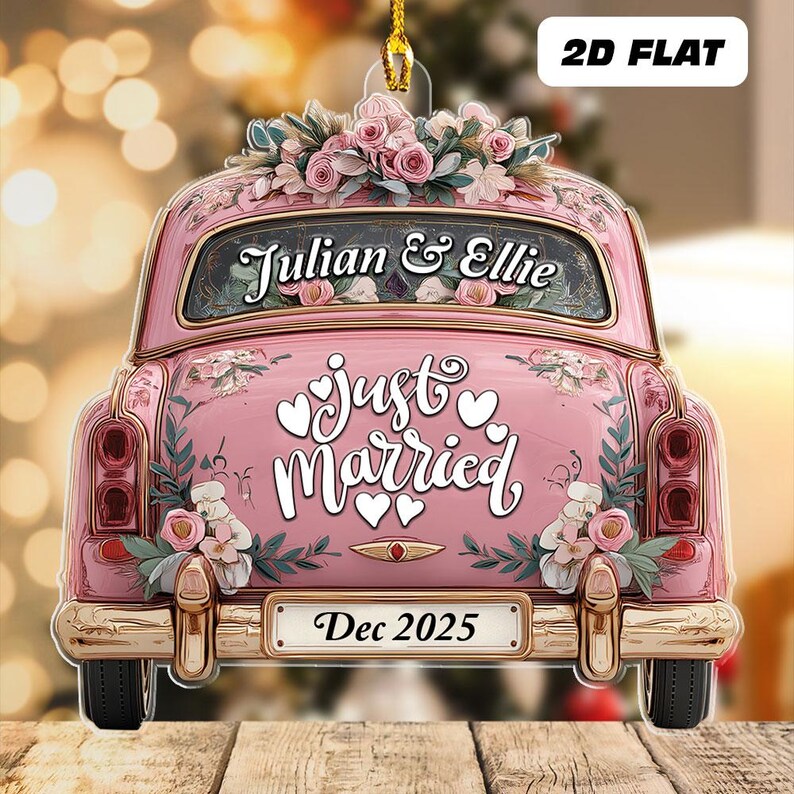 Personalized Name Just Married Car Ornament, Custom Christmas Married Ornament, Married Couple Xmas Ornament, Newlywed Gift For Couple