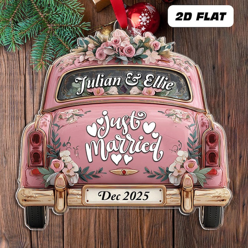 Personalized Name Just Married Car Ornament, Custom Christmas Married Ornament, Married Couple Xmas Ornament, Newlywed Gift For Couple