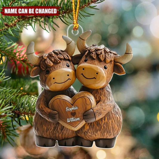Highland Cowl Couple Personalized Acrylic Ornament, Christmas Gift for Couples, Custom Name Keepsake Decoration