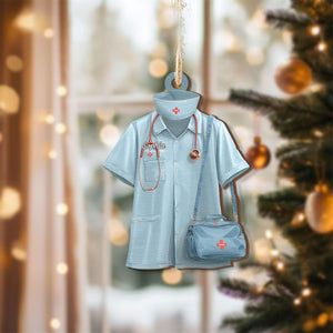 Personalized Nurse Scrubs Ornament, Custom Shape Christmas Decoration with Name and Medical Bag, Healthcare Worker Gift, Holiday Keepsake