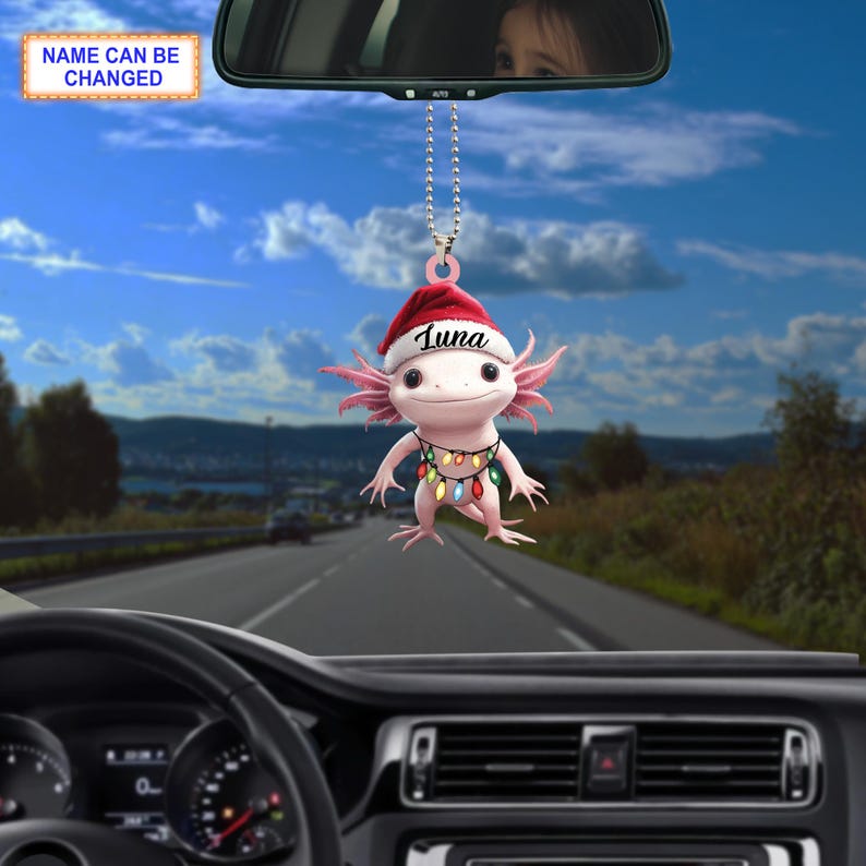 Custom Name Axolotl Salamander With Santa Hat Christmas Lights Ornament, Christmas Tree Hanging Decor, Christmas Ornament, Flat 2D Ornament