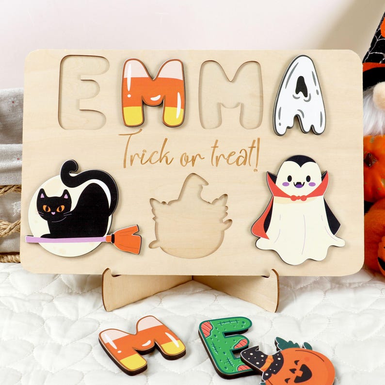 Custom Halloween Baby Wooden Name Puzzle,Baby Toddler Halloween Toy,Toddler Montessori Toys,First Halloween Gift,Toddler Halloween Keepsake