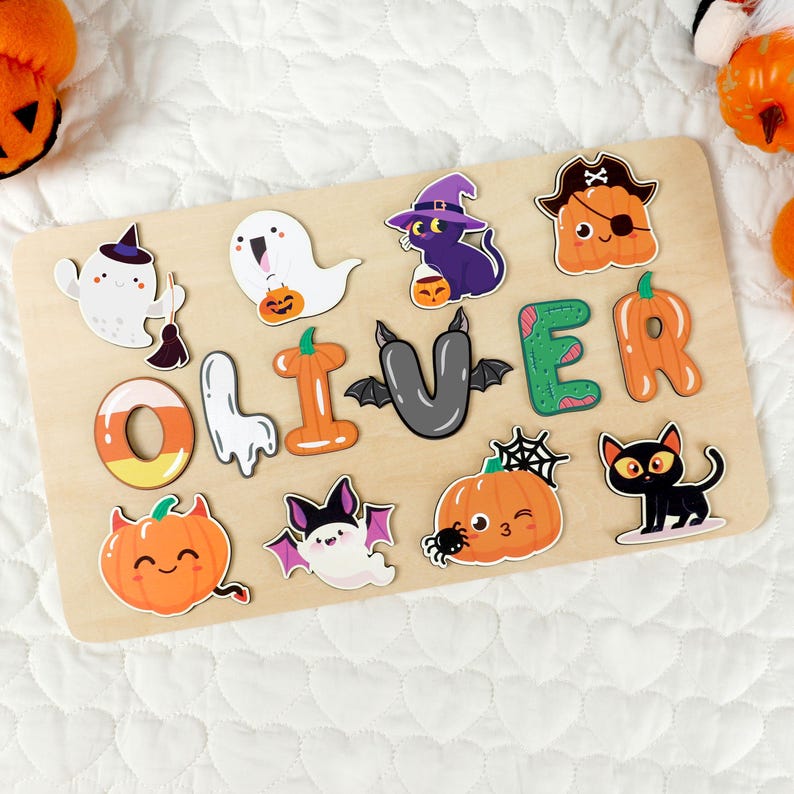 Custom Halloween Baby Wooden Name Puzzle,Baby Toddler Halloween Toy,Toddler Montessori Toys,First Halloween Gift,Toddler Halloween Keepsake