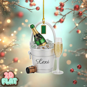 Personalized Champagne 2D FLAT Ornament, Custom Wine Bucket Christmas Tree Decoration, Holiday Celebration Gift with Bottle, Glass Keepsake