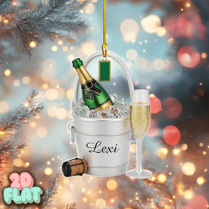 Personalized Champagne 2D FLAT Ornament, Custom Wine Bucket Christmas Tree Decoration, Holiday Celebration Gift with Bottle, Glass Keepsake