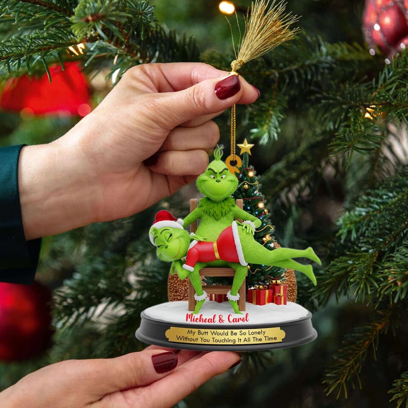 I Want Touch Your Butt Green Monster Couple Christmas Ornament, Custom Holiday Tree Decoration, Flat 2D Ornament, Merry Grinchmas Gift