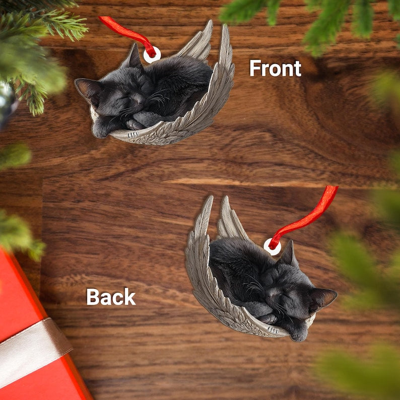 Personalized Black Cat Angel Ash Plywood Ornament, Flat 2D Holiday Tree Decor Gift for Cat Lovers, Pet Memorial Families Keepsake Gift Idea