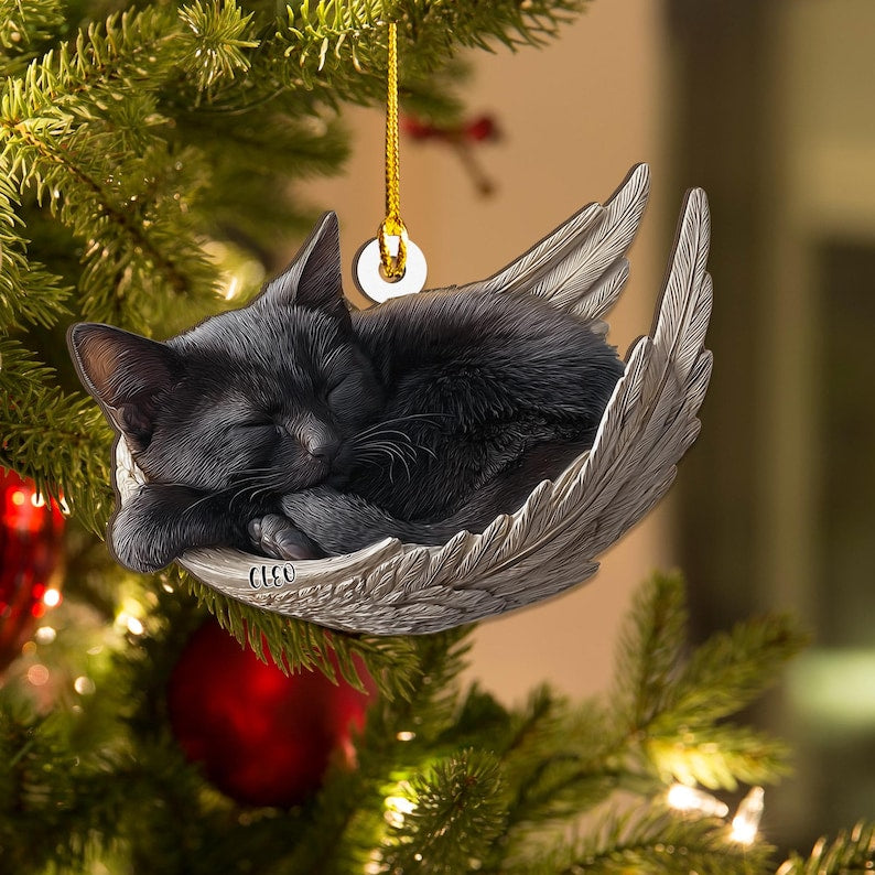 Personalized Black Cat Angel Ash Plywood Ornament, Flat 2D Holiday Tree Decor Gift for Cat Lovers, Pet Memorial Families Keepsake Gift Idea