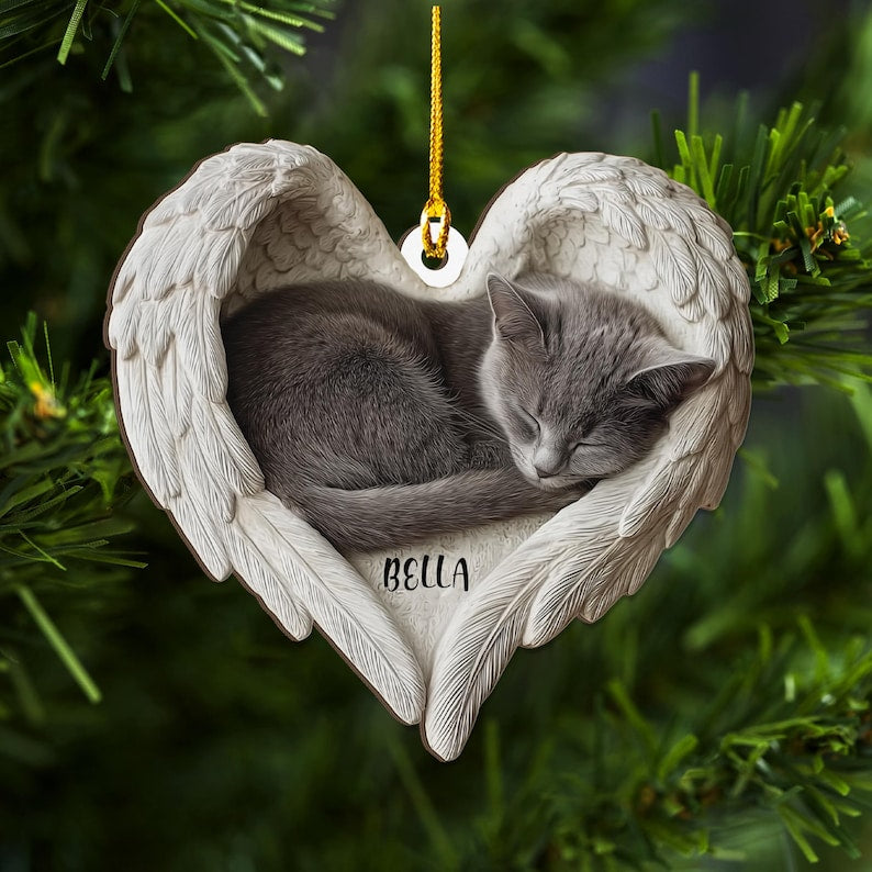 Personalized Gray Cat Angel Ash Plywood Ornament, Flat 2D Holiday Tree Decor Gift for Cat Lovers, Pet Memorial Families Keepsake Gift Idea