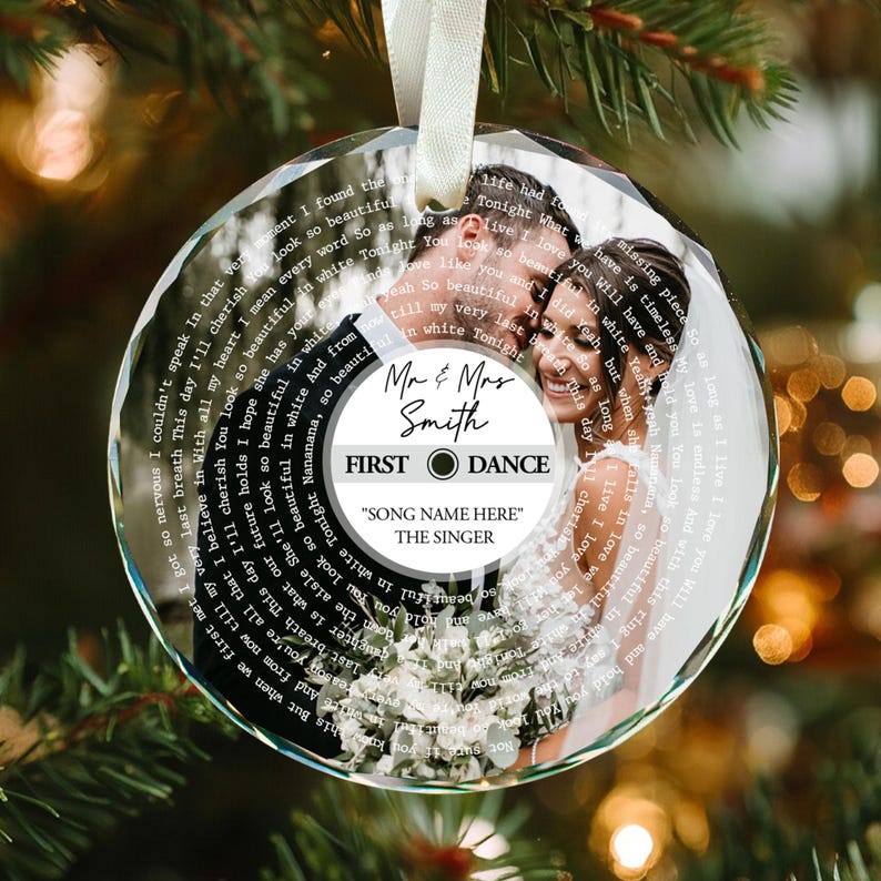 Personalized Song Lyrics Glass Ornament: Custom Wedding Photo, First Christmas Couple First Christmas Married Ornament, Wedding Anniversary Gift