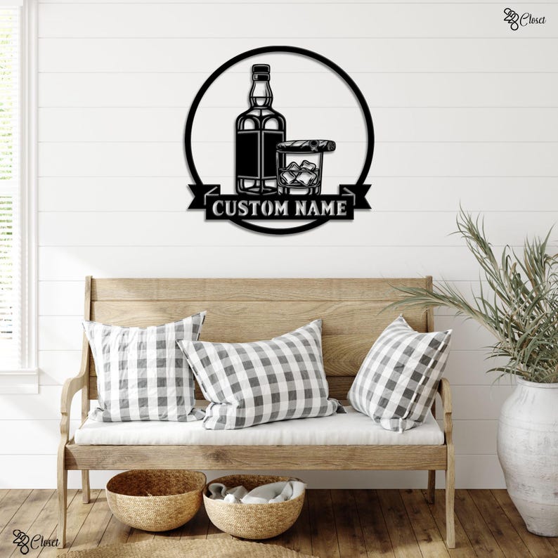 Custom Whiskey Bar Sign, Bottle, Glass & Cigar Sign, Personalized Home Bar Sign, Bar Wall Metal, Whiskey lover gift, Home Gift,Whiskey decor