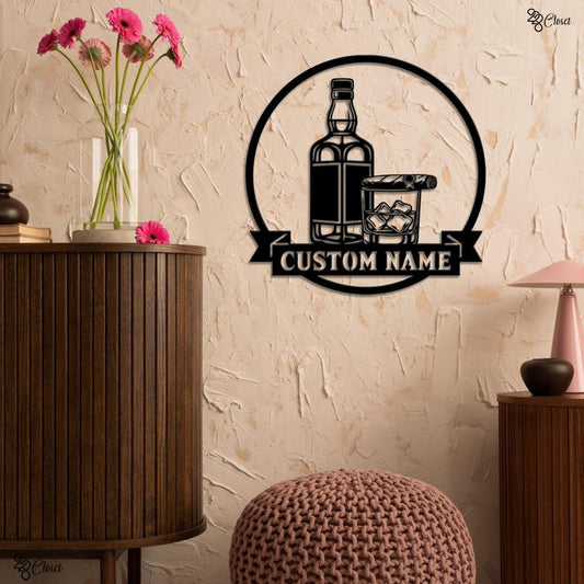 Custom Whiskey Bar Sign, Bottle, Glass & Cigar Sign, Personalized Home Bar Sign, Bar Wall Metal, Whiskey lover gift, Home Gift,Whiskey decor