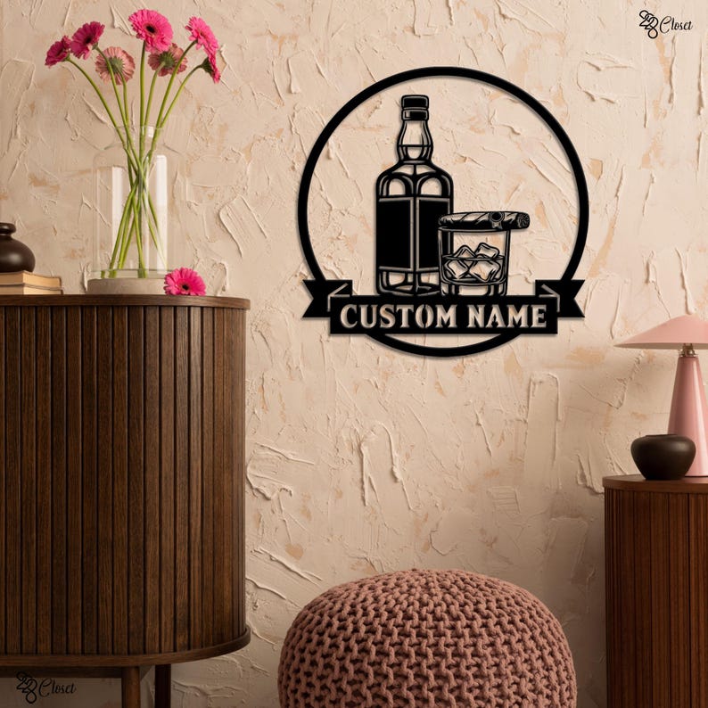 Custom Whiskey Bar Sign, Bottle, Glass & Cigar Sign, Personalized Home Bar Sign, Bar Wall Metal, Whiskey lover gift, Home Gift,Whiskey decor
