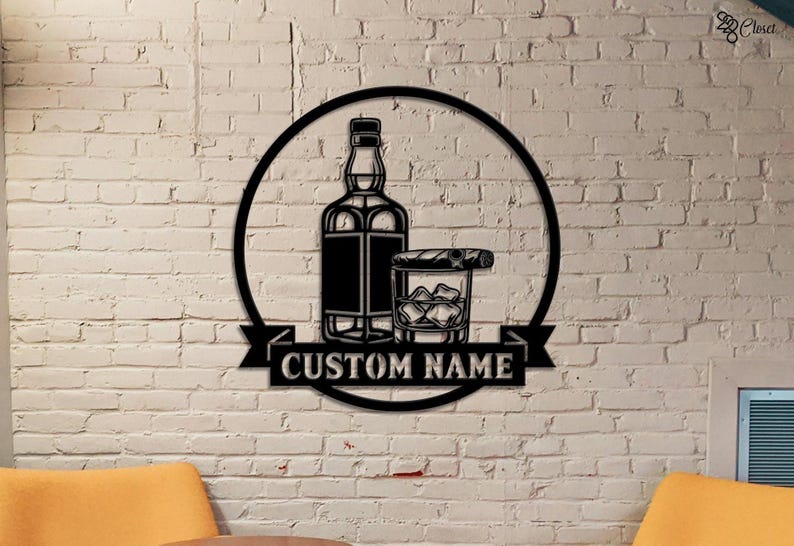Custom Whiskey Bar Sign, Bottle, Glass & Cigar Sign, Personalized Home Bar Sign, Bar Wall Metal, Whiskey lover gift, Home Gift,Whiskey decor