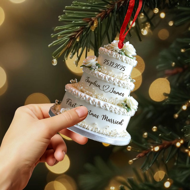 Personalized Wedding Cake First Christmas Married Ornament, Custom Name Ornament, Mr Mrs Ornament, Wedding Ornament, Wedding Cake 2D Flat
